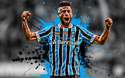 Leo Moura, 4k, Brazilian football player, Gremio, defender, blue black paint splashes, creative art, Serie A, Brazil, football, grunge