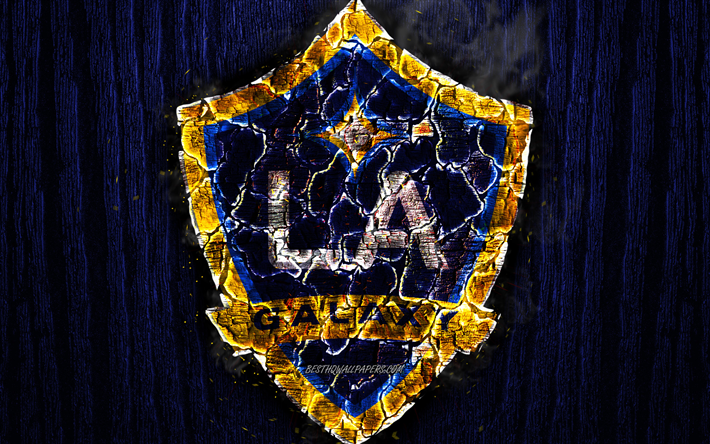 Los Angeles Galaxy FC, bruciata logo, MLS, blu sfondo di legno, la Western Conference, club di football americano, grunge, Major League di Calcio, LA Galaxy, calcio, calcio Los Angeles Galaxy logo, texture del fuoco, USA