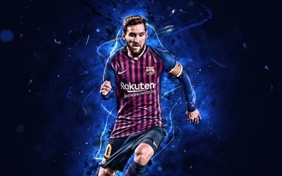 Lionel Messi, match, FCB, Barcelona FC, argentinian footballers, yellow uniform, La Liga, Messi, Leo Messi, neon lights, LaLiga, Spain, Barca, soccer, football stars