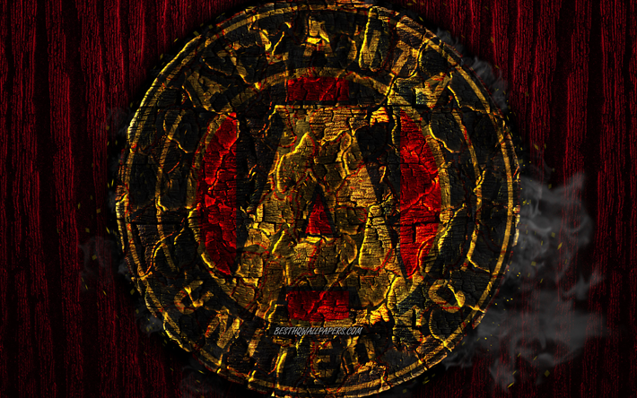 Atlanta United FC, scorched logo, MLS, red wooden background, Eastern Conference, american football club, grunge, Major League Soccer, football, soccer, Atlanta United logo, fire texture, USA