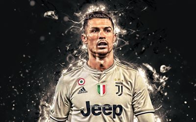 4k, Ronaldo, gray uniform, 2019, Juventus FC, CR7 Juve, Bianconeri, football stars, portuguese footballers, soccer, Serie A, striker, Cristiano Ronaldo, neon lights, CR7, abstract art
