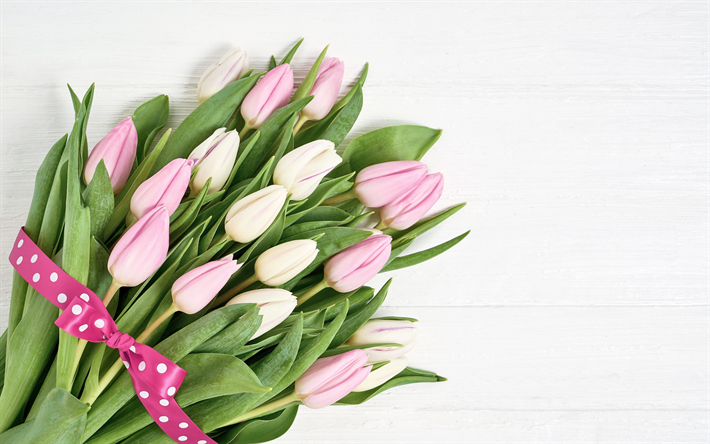 チューリップ白, 春の花束, ピンクのチューリップ, 春は美しい花