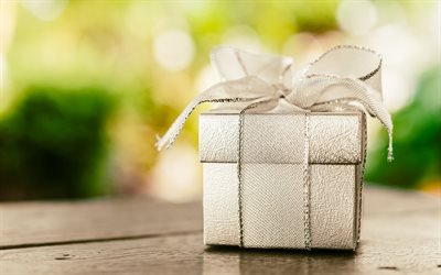 silver geschenkbox, silber, seide bogen, geschenk, verpackung, weihnachtsgeschenk