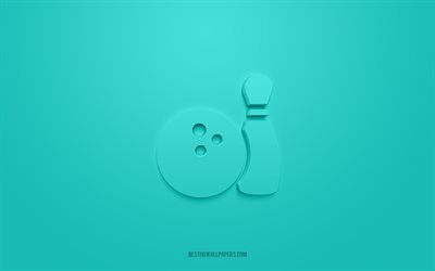 Bowling 3d icon, turquoise background, 3d symbols, Bowling, Entertainment icons, 3d icons, Bowling sign, Entertainment 3d icons