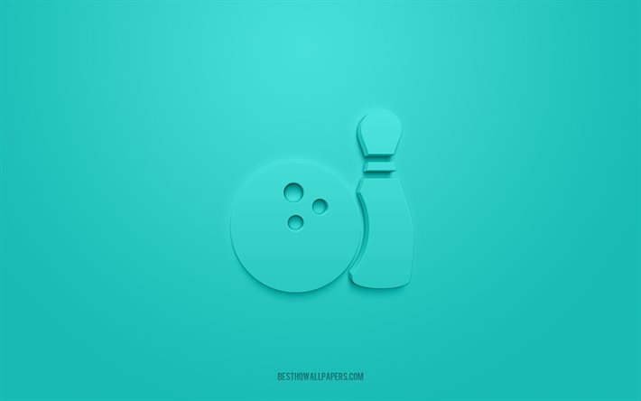 Bowling 3d icon, turquoise background, 3d symbols, Bowling, Entertainment icons, 3d icons, Bowling sign, Entertainment 3d icons
