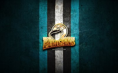Lahti Pelicans, logotipo dourado, Liiga, fundo de metal vermelho, time finland&#234;s de h&#243;quei, liga finlandesa de h&#243;quei, logotipo lahti pelicans, h&#243;quei, Lahden Pelicans