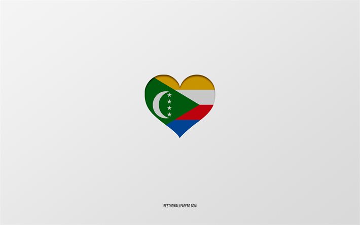 I Love Comores, Pays d’Afrique, Comores, fond gris, Coeur de drapeau des Comores, pays pr&#233;f&#233;r&#233;, Amour Comores
