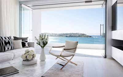 スタイリッシュなアパートメント, モダンなインテリアデザイン, 白い大理石の床, living room, リビングルームのパノラマの窓