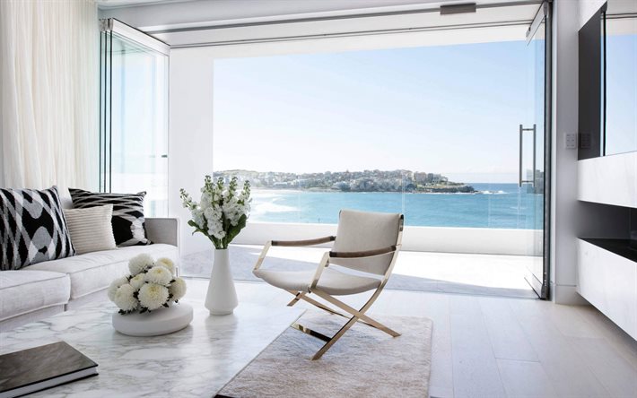 şık daireler, modern i&#231; tasarım, beyaz mermer zemin, oturma odası, oturma odasında panoramik pencereler
