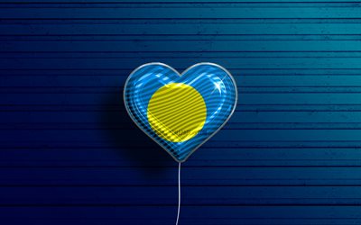 I Love Palau, 4k, realistic balloons, blue wooden background, Oceanian countries, Palau flag heart, favorite countries, flag of Palau, balloon with flag, Palau flag, Palau, Oceania, Love Palau