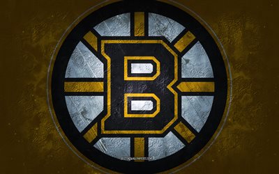 Boston Bruins, time americano de h&#243;quei, fundo de pedra amarela, logotipo do Boston Bruins, arte grunge, NHL, h&#243;quei, EUA, emblema do Boston Bruins