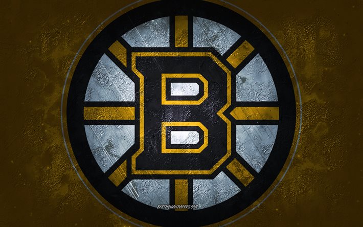Boston Bruins, &#233;quipe de hockey am&#233;ricaine, fond de pierre jaune, logo des Bruins de Boston, art grunge, LNH, hockey, USA, embl&#232;me des Bruins de Boston