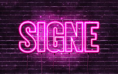 Signe, 4k, wallpapers with names, female names, Signe name, purple neon lights, Happy Birthday Signe, popular danish female names, picture with Signe name