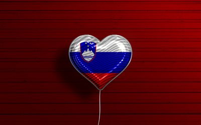 I Love Slovenia, 4k, realistic balloons, red wooden background, Slovenian flag heart, Europe, favorite countries, flag of Slovenia, balloon with flag, Slovenia flag, Slovenia, Love Slovenia