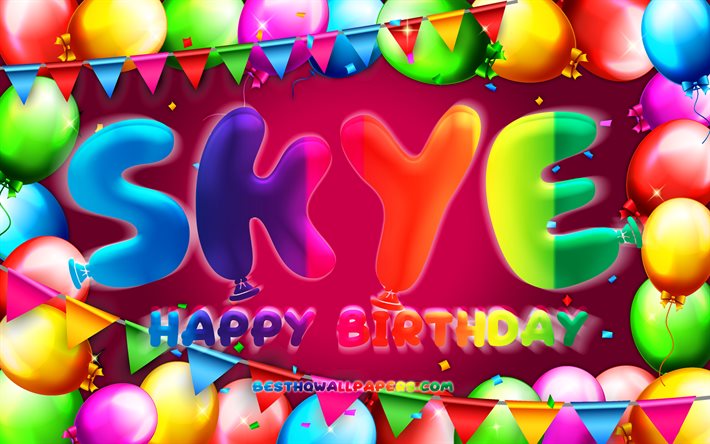 Happy Birthday Skye, 4k, colorful balloon frame, Skye name, purple background, Skye Happy Birthday, Skye Birthday, popular american female names, Birthday concept, Skye