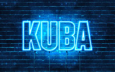 Kuba, 4k, fonds d&#39;&#233;cran avec des noms, nom Kuba, n&#233;ons bleus, joyeux anniversaire Kuba, noms masculins polonais populaires, photo avec nom Kuba