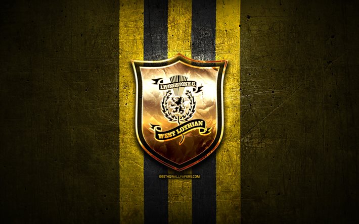 Livingston FC, golden logo, Scottish Premiership, yellow metal background, football, scottish football club, Livingston logo, soccer, FC Livingston