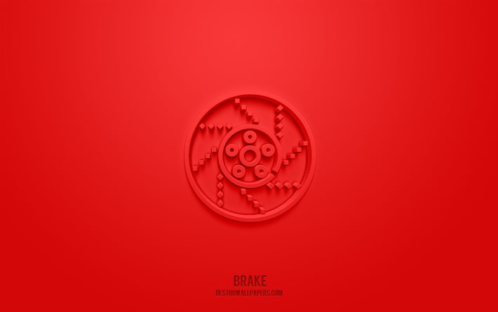 Icona freno 3d, sfondo rosso, simboli 3d, freno, icone di parti di automobili, icone 3d, segno di freno, icone 3d di parti di auto
