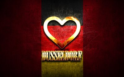 Rakastan Dusseldorfia, saksalaiset kaupungit, kultainen kirjoitus, Saksa, kultainen syd&#228;n, Dusseldorf lipulla, Dusseldorf, suosikkikaupungit, Love Dusseldorf