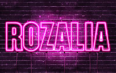 Rozalia, 4k, fonds d&#39;&#233;cran avec noms, noms f&#233;minins, nom Rozalia, n&#233;ons violets, joyeux anniversaire Rozalia, noms f&#233;minins polonais populaires, photo avec nom Rozalia