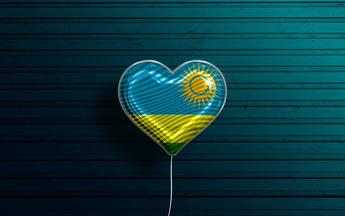 J&#39;aime le Rwanda, 4k, ballons r&#233;alistes, fond en bois bleu, pays africains, coeur de drapeau rwandais, pays pr&#233;f&#233;r&#233;s, drapeau du Rwanda, ballon avec drapeau, drapeau rwandais, Rwanda, amour du Rwanda