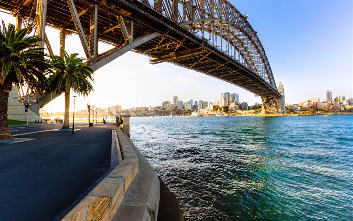 Sydney Harbour Bridge, Sydney, Port Jackson, noite, p&#244;r do sol, paisagem urbana de Sydney, Sydney Harbour, Austr&#225;lia
