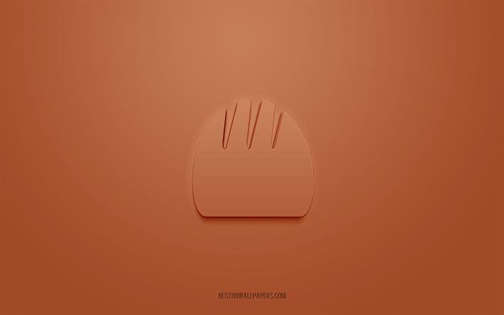 Icona di pane 3d, sfondo marrone, simboli 3d, pane, icone di cibo, icone 3d, segno di pane, icone di cibo 3d