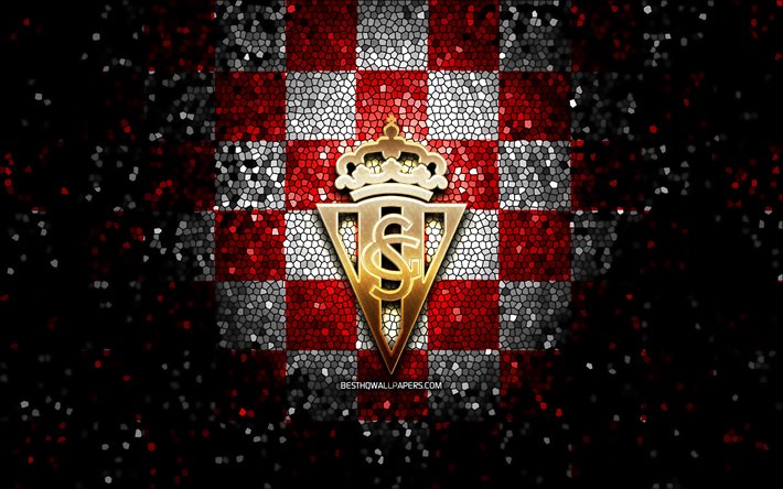 Sporting Gijon FC, glitter logo, La Liga 2, red white checkered background, Segunda, soccer, spanish football club, Sporting Gijon logo, mosaic art, football, LaLiga 2, Real Sporting de Gijon, RSG