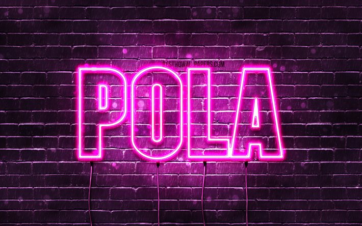 Pola, 4k, isimlerle duvar kağıtları, kadın isimleri, Pola adı, mor neon ışıkları, Mutlu Yıllar Pola, pop&#252;ler Polonya kadın isimleri, Pola isimli resim