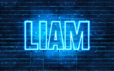 Liam, 4k, fonds d&#39;&#233;cran avec des noms, nom de Liam, n&#233;ons bleus, joyeux anniversaire Liam, noms masculins danois populaires, photo avec le nom de Liam