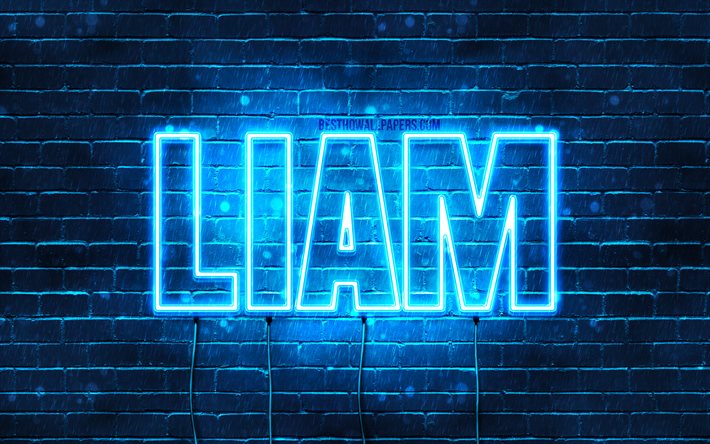 Liam, 4k, fonds d&#39;&#233;cran avec des noms, nom de Liam, n&#233;ons bleus, joyeux anniversaire Liam, noms masculins danois populaires, photo avec le nom de Liam