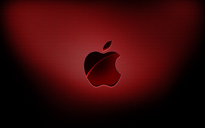 4k, logotipo vermelho da Apple, planos de fundo em grade vermelha, marcas, logotipo da Apple, arte grunge, Apple