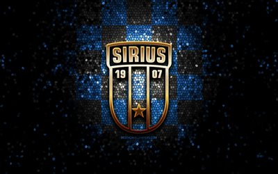 Sirius FC, logotipo brilhante, Allsvenskan, fundo xadrez preto azulado, futebol, clube de futebol sueco, logotipo da Sirius, arte em mosaico, IK Sirius