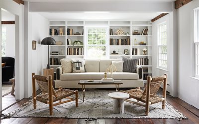 stylish interior design, living room, living room library, armchairs with ropes, modern interior