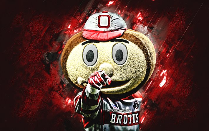 Brutus Buckeye, Ohio State University mascot, NCAA, red stone background, creative art, Ohio State University