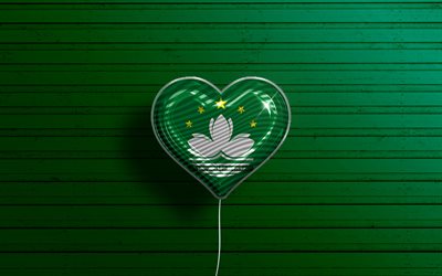 I Love Macau, 4k, realistic balloons, green wooden background, Asian countries, Jordan flag heart, favorite countries, flag of Macau, balloon with flag, Macau flag, Love Macau