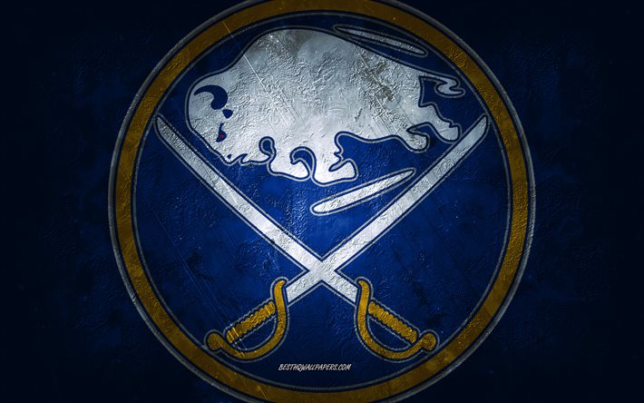 Sabres de Buffalo, &#233;quipe de hockey am&#233;ricaine, fond de pierre bleue, logo des Sabres de Buffalo, art grunge, LNH, hockey, USA, embl&#232;me des Sabres de Buffalo