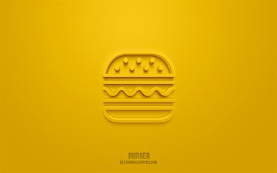 Burger 3d icon, yellow background, 3d symbols, Burger, Fast food icons, 3d icons, Burger sign, Fast food 3d icons