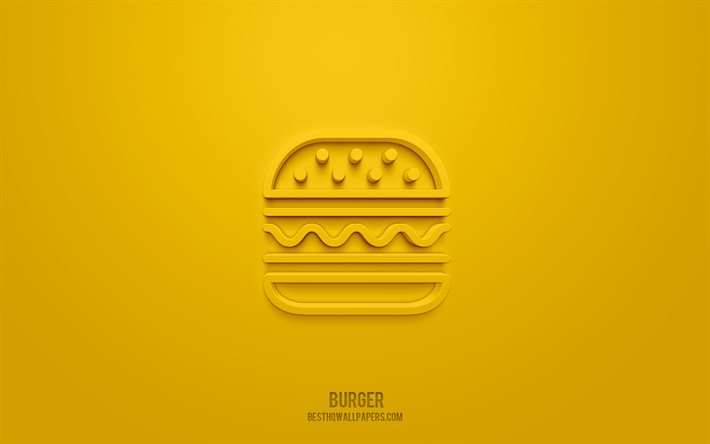 バーガー3Dアイコン, 黄色の背景, 3Dシンボル, バーガー, ファーストフードのアイコン, 3D图标, バーガーサイン, ファーストフードの3Dアイコン
