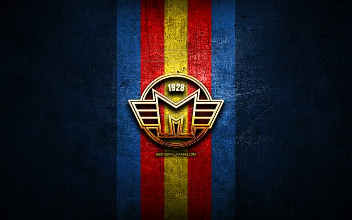 HC Madeta Motor, golden logo, Extraliga, blue metal background, czech hockey team, czech hockey league, Madeta Motor logo, hockey, Madeta Motor