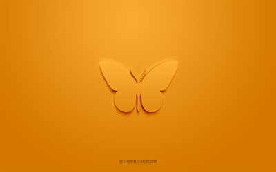 رمز الفراشة 3d, خلفية برتقالية, رموز ثلاثية الأبعاد, باترفلاي, أيقونات الحشرات, أيقونات ثلاثية الأبعاد, علامة الفراشة, أيقونات الحشرات ثلاثية الأبعاد