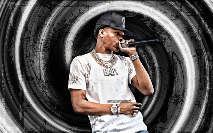 4k, Lil Baby, gray grunge background, american rapper, music stars, Lil Baby with microphone, vortex, Dominique Armani Jones, creative, Lil Baby 4K