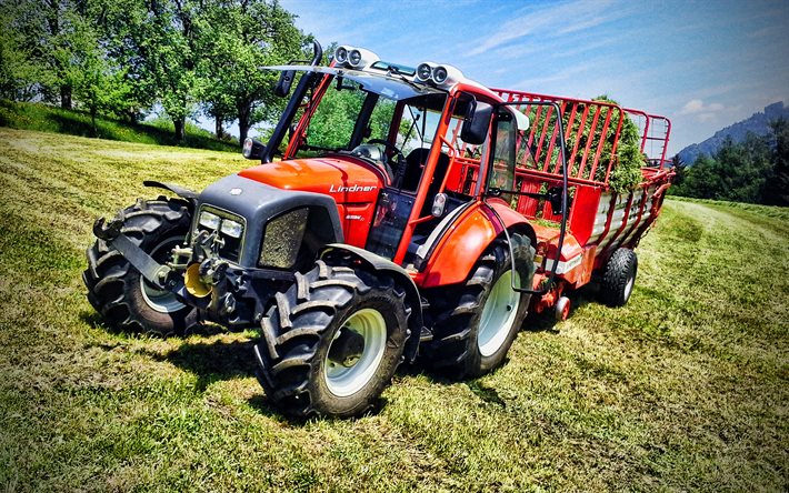 Lindner Geotrac 74, HDR, picking grass, 2013 tractors, red tractor, agricultural machinery, agriculture, Lindner