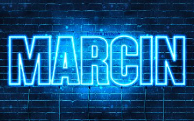 Marcin, 4k, wallpapers with names, Marcin name, blue neon lights, Happy Birthday Marcin, popular polish male names, picture with Marcin name