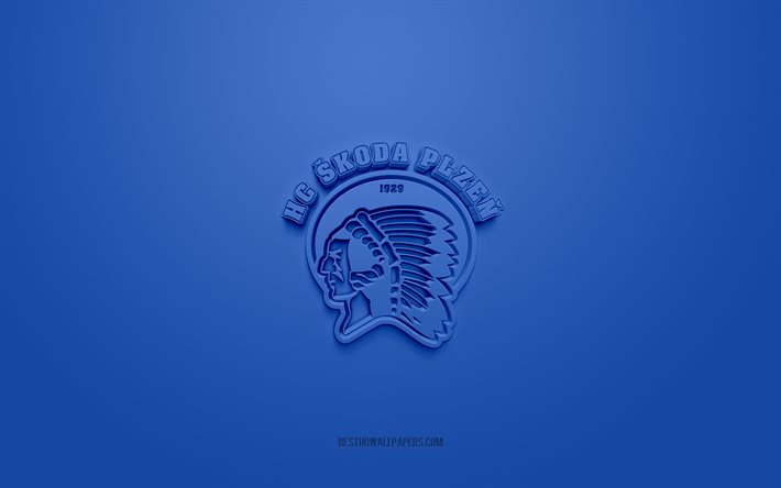 HC Skoda Plzen, Czech ice hockey club, creative 3D logo, blue background, Czech Extraliga, Plzen, Czech Republic, 3d art, ice hockey, HC Plzen 3d logo
