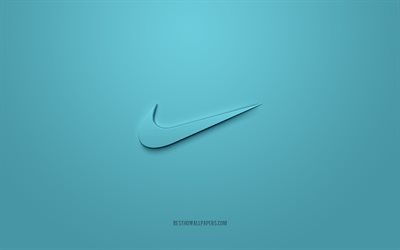 Nike logosu, a&#231;ık mavi arka plan, Nike 3d logosu, 3d sanat, Nike, marka logosu, a&#231;ık mavi 3d Nike logosu