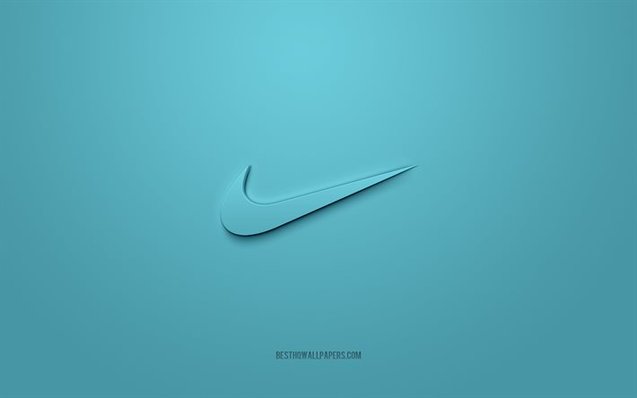 Logotipo da Nike, fundo azul claro, logotipo 3D da Nike, arte 3D, Nike, logotipo das marcas, logotipo da Nike, logotipo 3D da Nike em azul claro