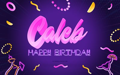 Happy Birthday Caleb, 4k, Purple Party Background, Caleb, creative art, Happy Caleb birthday, Caleb name, Caleb Birthday, Birthday Party Background
