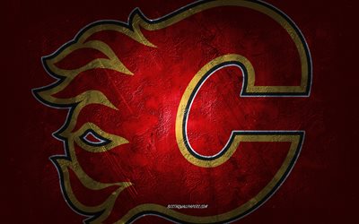 Calgary Flames, time canadense de h&#243;quei, fundo de pedra vermelha, logotipo Calgary Flames, arte grunge, NHL, h&#243;quei, Canad&#225;, emblema do Calgary Flames
