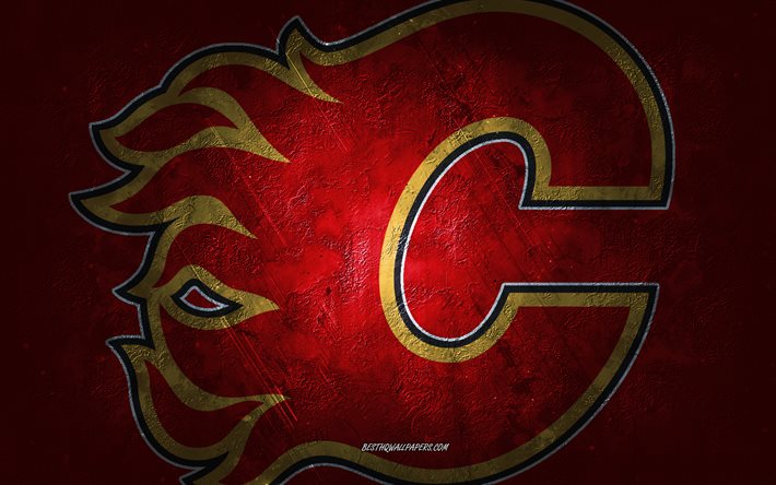 Calgary Flames, equipo de hockey canadiense, fondo de piedra roja, logotipo de Calgary Flames, arte grunge, NHL, hockey, Canad&#225;, emblema de Calgary Flames